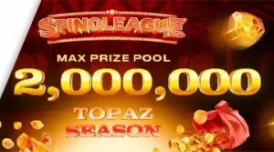 Изображение, рекламирующее турнир Spinoleague Topaz Season в Казино 7К с призовым фондом в 2 миллиона евро на фоне огненной сцены.